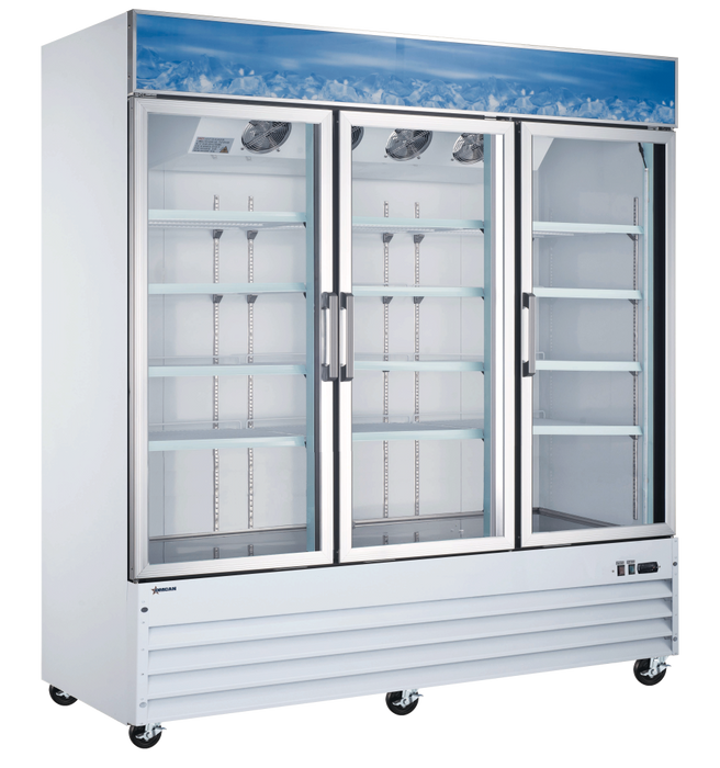 OMCAN 78″ Refrigerator 3 Swing Glass Door White 53 cu.ft.