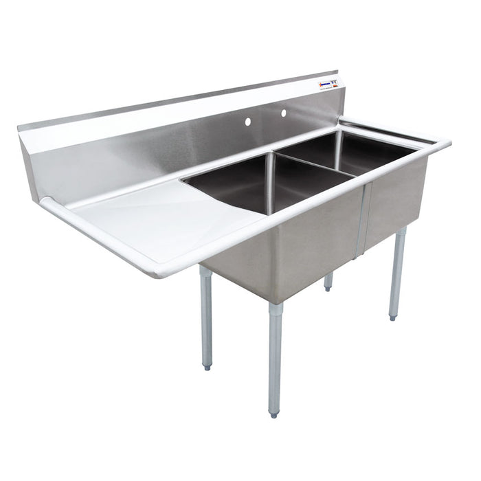 OMCAN 18″ x 18″ x 11″ Two Tub Sink with 1.8″ Corner Drain and Left Drain Board