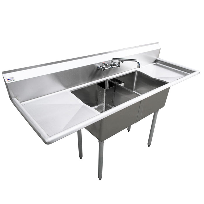 OMCAN 18″ x 18″ x 11″ Two Tub Sink with 1.8″ Corner Drain and Two Drain Boards