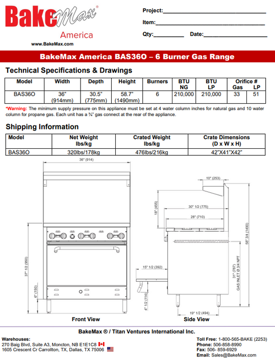 BakeMax America BAS360 Series Six Burner Range