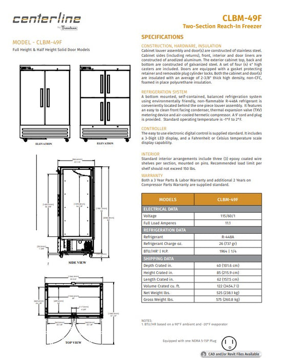 Centerline by Traulsen CLBM-49F-FS-LR 54" Two Section Reach In Freezer, 115v