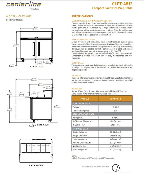 Centerline by Traulsen CLPT-4812-SD-LR 48" Sandwich/Salad Prep Table w/ Refrigerated Base, 115v