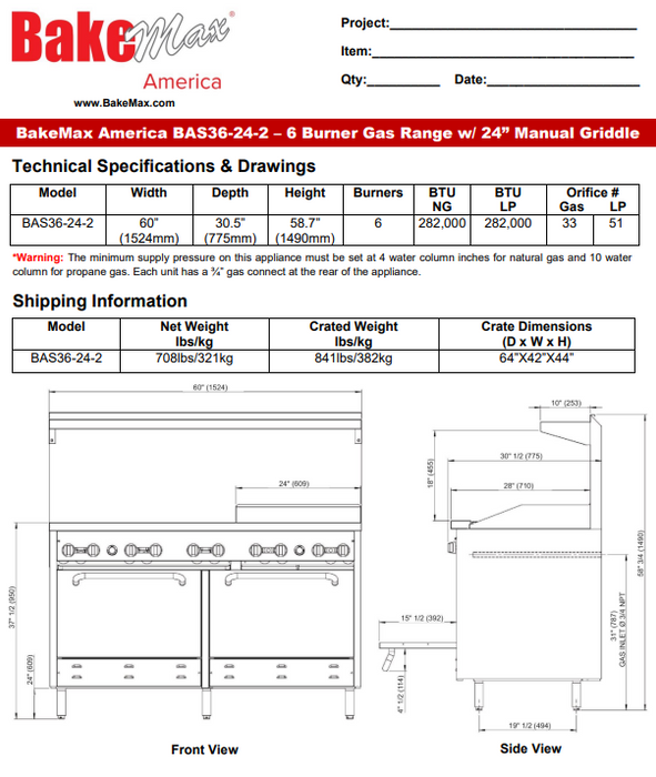 BakeMax America BAS36-24-2 Series Six Burner Gas Range w/24" Manual Griddle