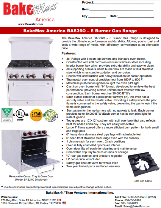 BakeMax America BAS360 Series Six Burner Range