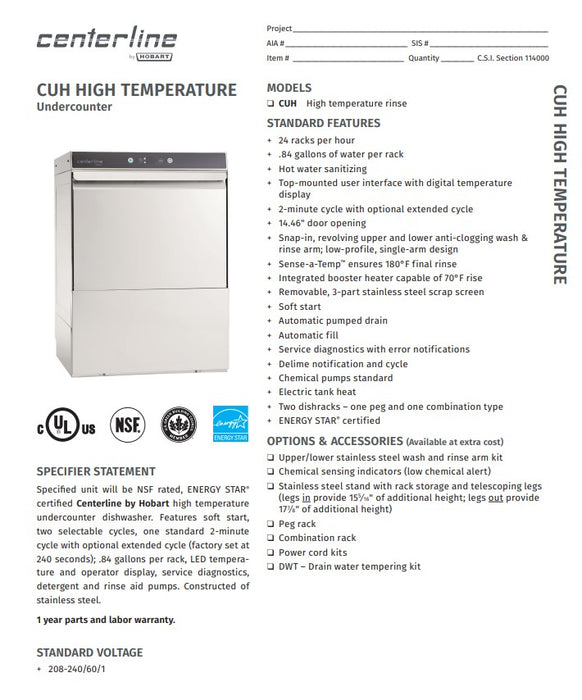 Centerline by Hobart CUH-1 High Temp Rack Undercounter Dishwasher - (24) Racks/hr, 208-240v/1ph