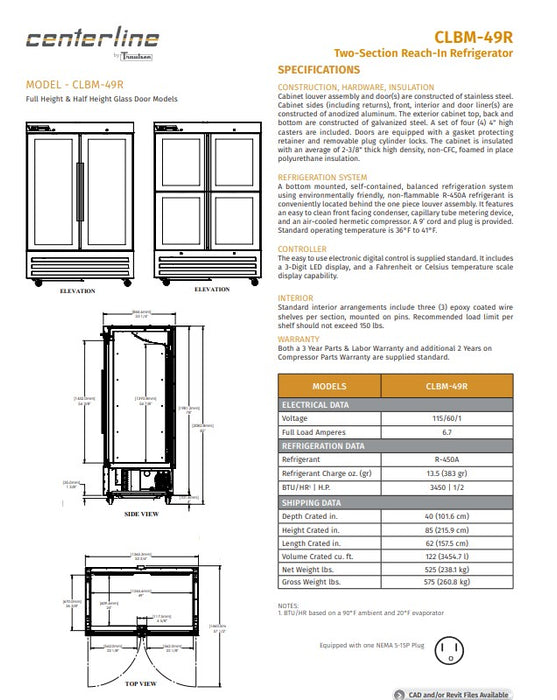 Centerline by Traulsen CLBM-49R-FG-LR 54" Two Section Reach In Refrigerator,  115v