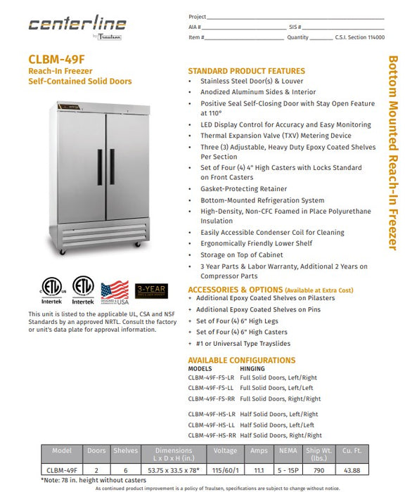 Centerline by Traulsen CLBM-49F-FS-LR 54" Two Section Reach In Freezer, 115v