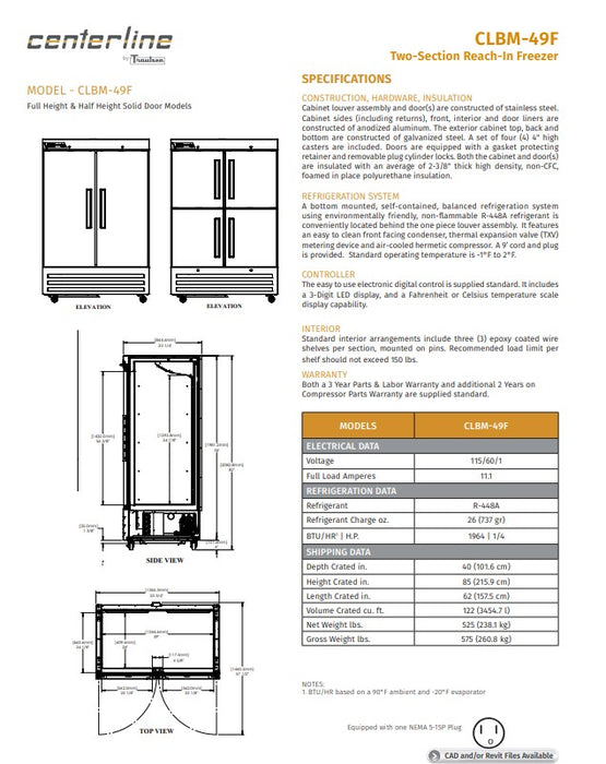 Centerline by Traulsen CLBM-49F-FS-LR 54" Two Section Reach In Freezer, 115v