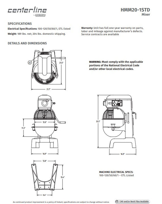 Centerline by Hobart HMM20-1STD Centerline 20 qt Planetary Mixer - Bench Type, 1/2 hp, 100-120v