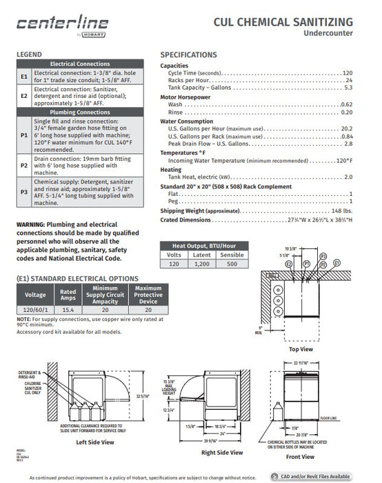 Centerline by Hobart CUL-1 Low Temp Rack Undercounter Dishwasher - (24) Racks/hr, 120v