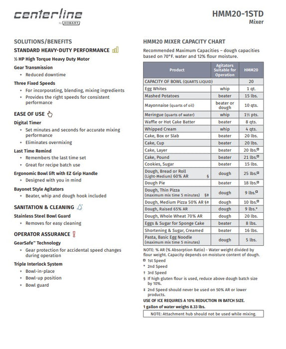 Centerline by Hobart HMM20-1STD Centerline 20 qt Planetary Mixer - Bench Type, 1/2 hp, 100-120v