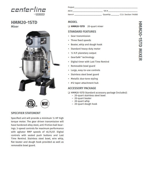 Centerline by Hobart HMM20-1STD Centerline 20 qt Planetary Mixer - Bench Type, 1/2 hp, 100-120v