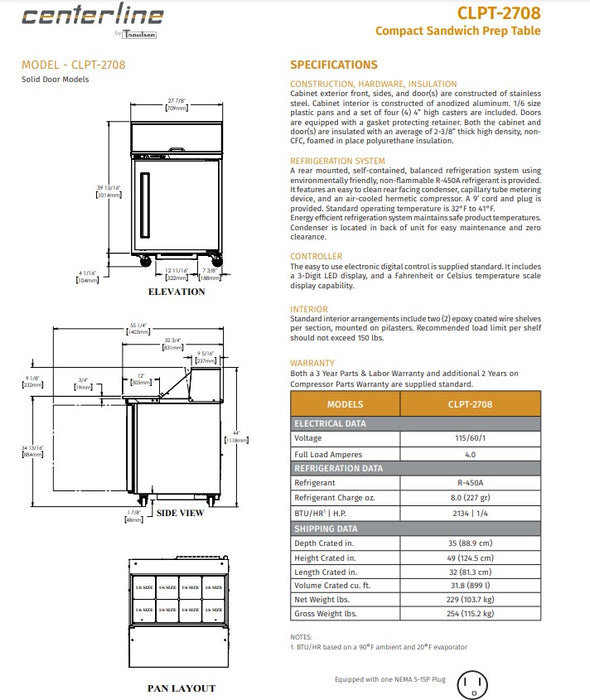 Centerline by Traulsen CLPT-2708-SD-R 27" Sandwich/Salad Prep Table w/ Refrigerated Base, 115v