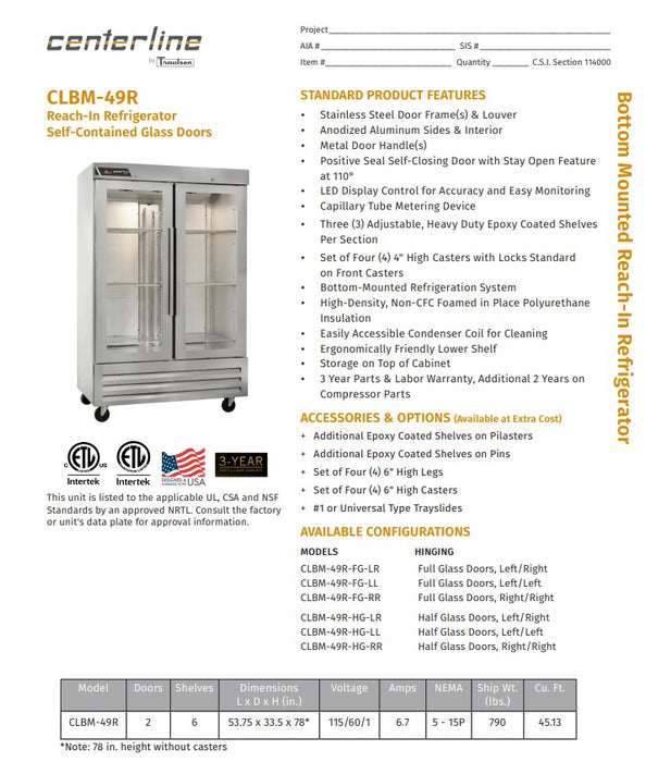 Centerline by Traulsen CLBM-49R-FG-LR 54" Two Section Reach In Refrigerator,  115v