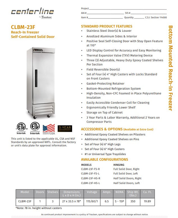 Centerline by Traulsen CLBM-23F-FS 27" One Section Reach In Freezer, 115v