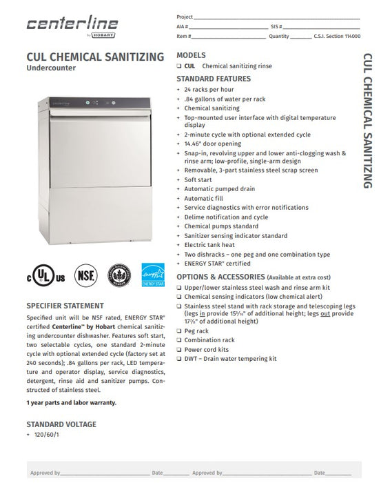 Centerline by Hobart CUL-1 Low Temp Rack Undercounter Dishwasher - (24) Racks/hr, 120v