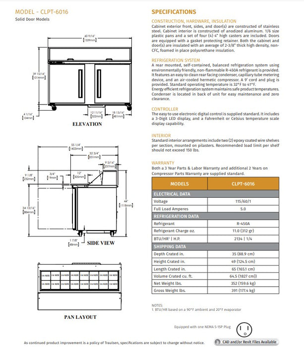 Centerline by Traulsen CLPT-6016-SD-LR 60" Sandwich/Salad Prep Table w/ Refrigerated Base, 115v