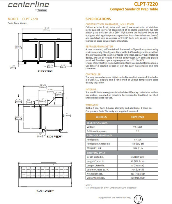 Centerline by Traulsen CLPT-7220-SD-LRR 72" Sandwich/Salad Prep Table w/ Refrigerated Base, 115v