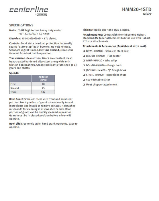 Centerline by Hobart HMM20-1STD Centerline 20 qt Planetary Mixer - Bench Type, 1/2 hp, 100-120v