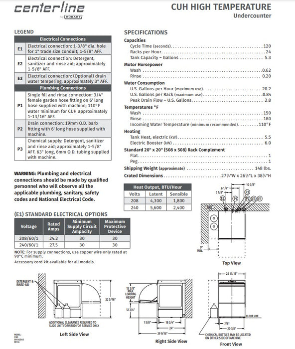 Centerline by Hobart CUH-1 High Temp Rack Undercounter Dishwasher - (24) Racks/hr, 208-240v/1ph