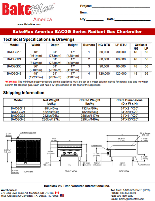 BakeMax America BACGG Series Radiant Char Broiler (Various Sizes)