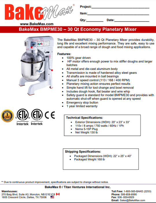 BakeMax 30qt Economy Mixer