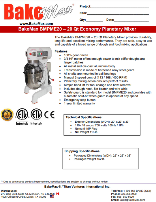 BakeMax 20qt Economy Mixer BMPME20