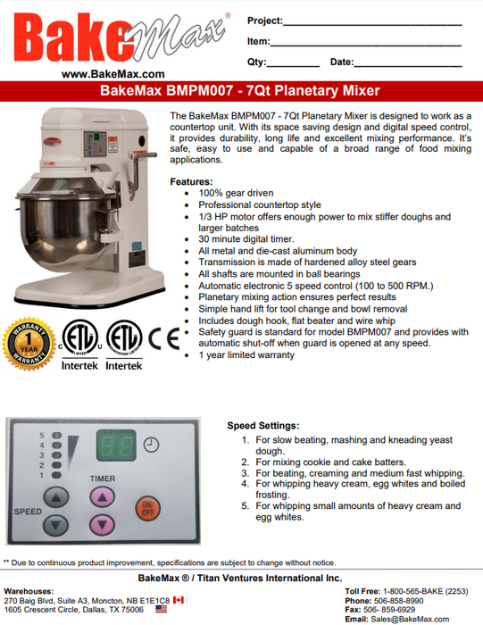 BakeMax 7qt Planetary Mixer - 5 Speeds BMPM007