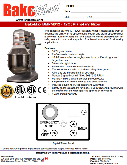 BakeMax 12qt Planetary Mixer - 3 Speeds BMPM012