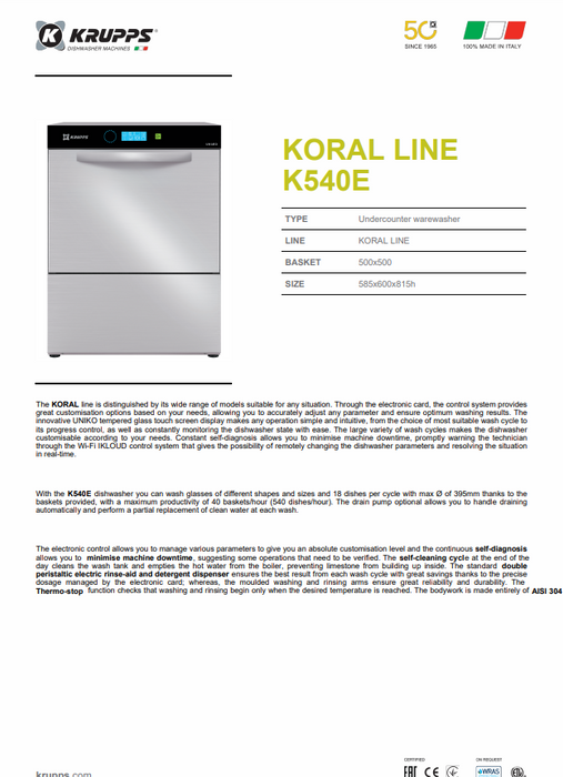 Krupps Koral Line 540E Undercounter Dishwasher