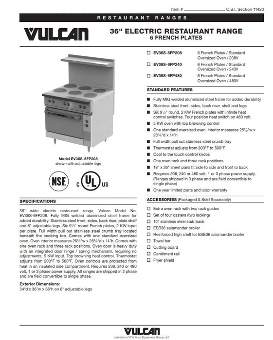 Vulcan EV36S-6FP208 36" Stainless Steel Electric Range with Standard Oversized Oven Base and Six French Hotplates, 208V