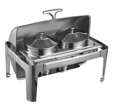 Omega AT61383-CAA Deluxe Full Size Roll Top Stainless Steel Chafing Dish Soup Set with 2 Soup Inserts